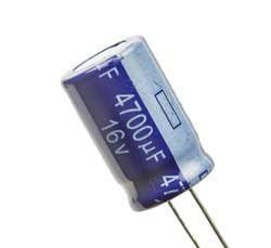 Leaded aluminium electrolytic type of capacitor showing the negative connection marking.