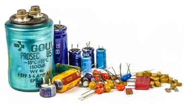 Selection of leaded & SMYT apacitors including: electrolytic capacitors, tantalum capacitors, ceramic capacitors.