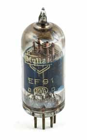 Image of a Mullard EF91 pentode valve / tube, normally used as a high gain amplifier.